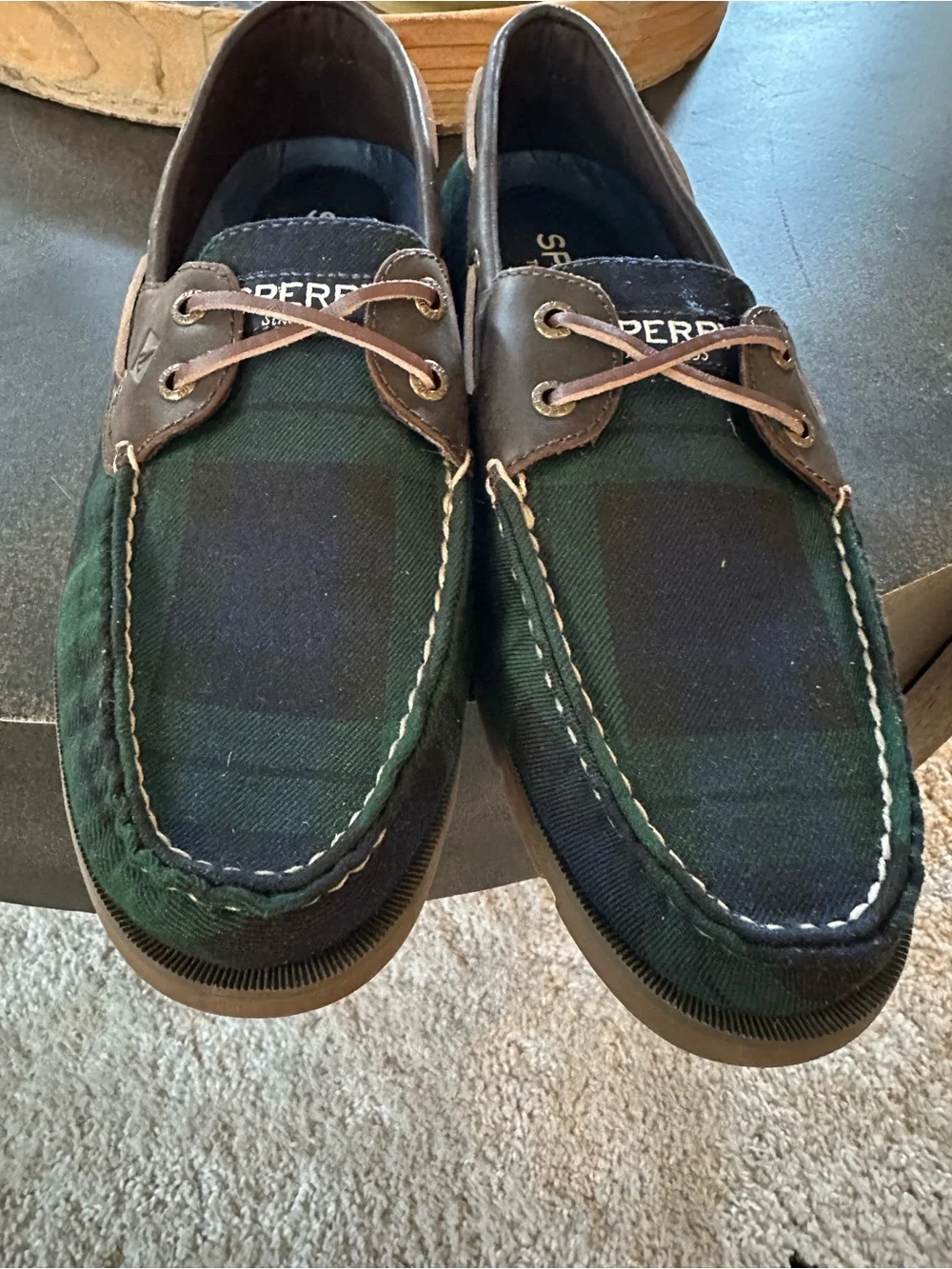 Sperry Green and Navy Plaid Leather-Trim Boat Shoes new